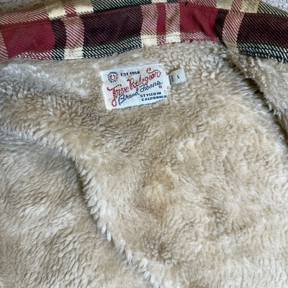 True Religion Sherpa Flannel Jacket Men L Red Blk Plaid Lined Shacket Pearl Snap